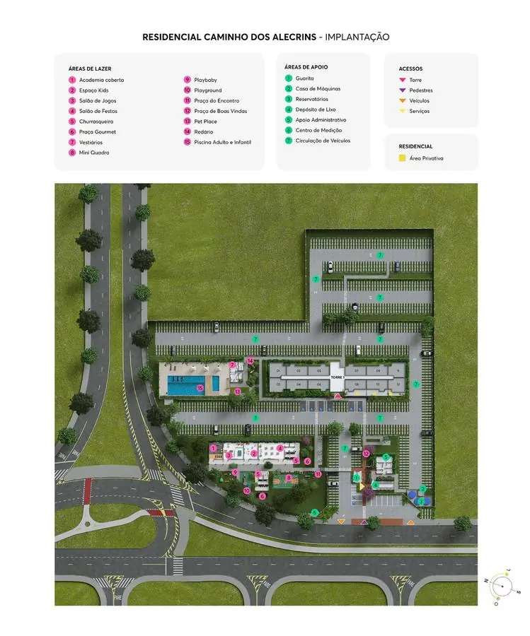 Planta de implantação do Caminho dos Alecrins, com a torre e as áreas de lazer