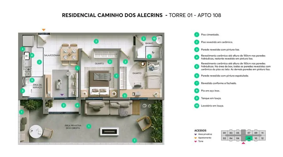 Planta do apartamento 108 do Caminho dos Alecrins, térreo com área privativa descoberta