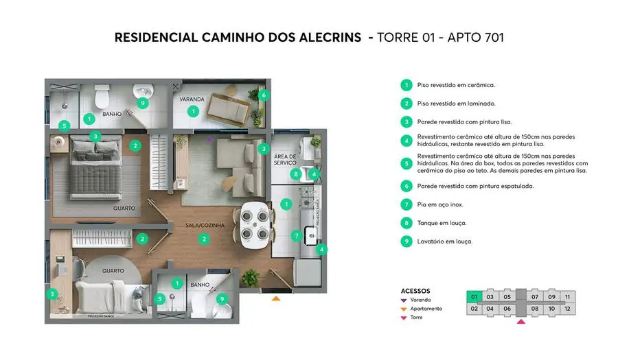 Planta do apartamento 701 do Caminho dos Alecrins, 2 quartos com suíte e varanda