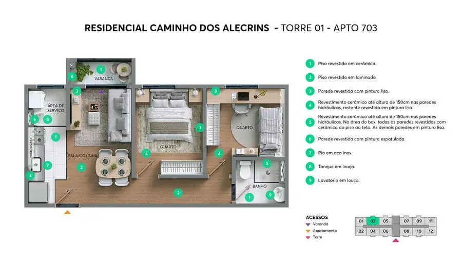 Planta do apartamento 703 do Caminho dos Alecrins, 2 quartos com varanda