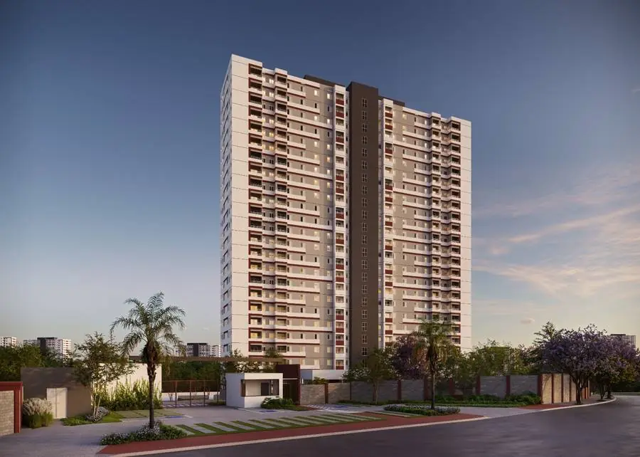 Fachada da torre do Caminho das Cerejeiras, condomínio MRV na Cidade Sete Sóis