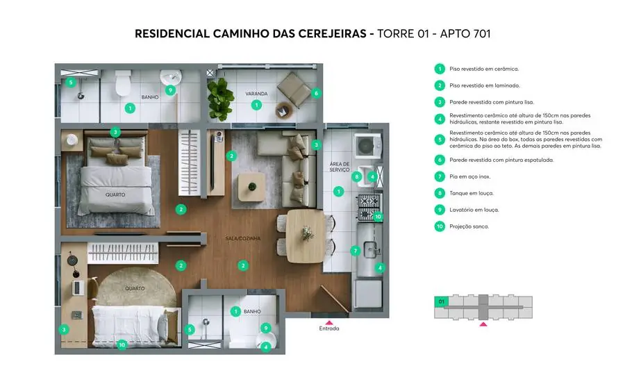 Planta do apartamento 701 do Caminho das Cerejeiras Planta do apartamento 701 do Caminho das Cerejeiras, 2 quartos com suíte e varanda