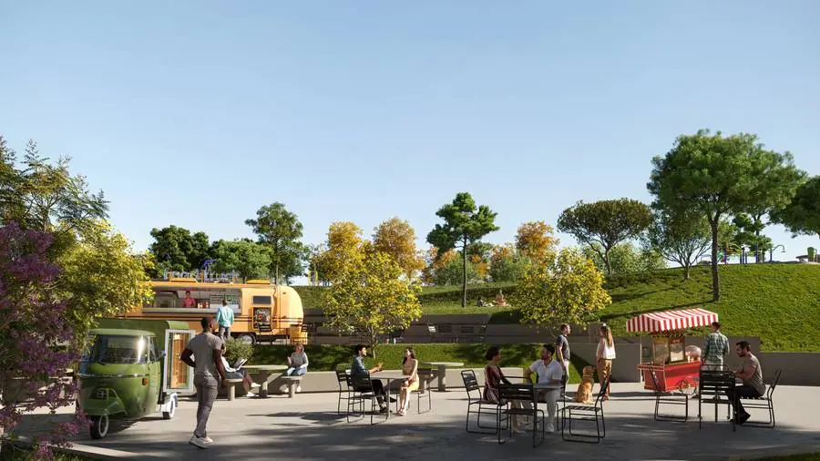 Espaço foodtruck da praça central da Cidade Sete Sóis