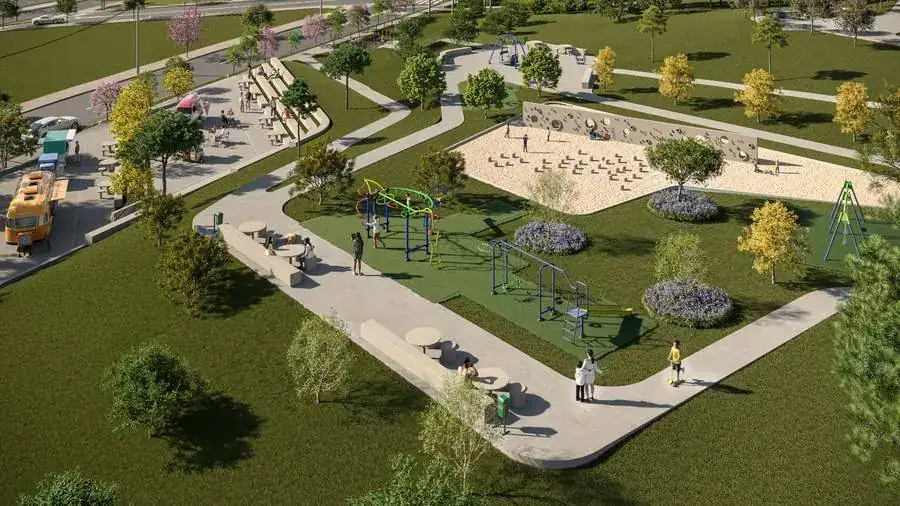 Praça central de 22 mil m² da Cidade Sete Sóis, com áreas de convivência e lazer