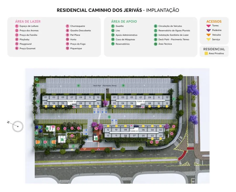Planta de implantação do Caminho dos Jerivás, com as torres e as praças