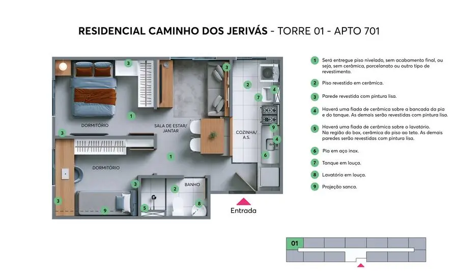 Planta do apartamento 701 do Caminho dos Jerivás, 2 dormitórios do pavimento tipo