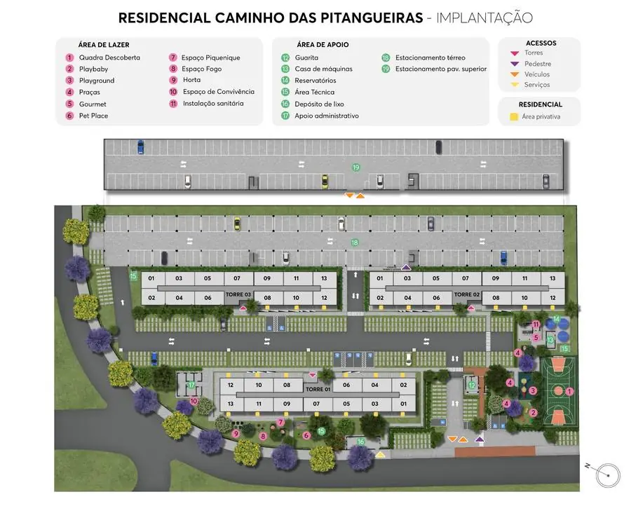 Planta de implantação do Caminho das Pitangueiras, com as 3 torres e as praças