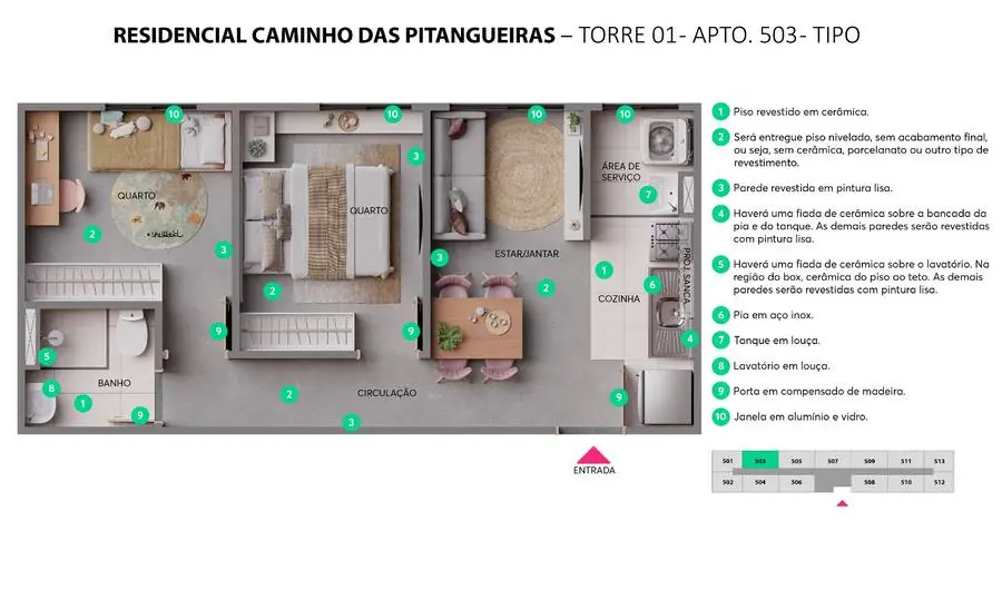 Planta do apartamento 503 do Caminho das Pitangueiras, 2 quartos de meio